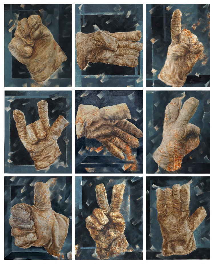 牛杰+《手套-劳动的力量》+180×150cm+纸本水彩+2023+作品取材于劳动人民的手套,通过不同手势,展现社会主义正能量。15196018575.jpg 牛杰+《手套-劳动的力量》+180×150cm+纸本水彩+2023+作品取材于劳动人民的手套,通过不同手势,展现社会主义正能量。15196018575.jpg