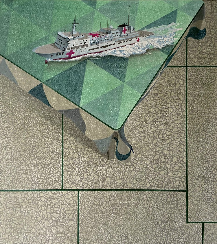 欧勇 《桌面上的风景——和平方舟》 76.5x86cm 水印木刻版画(纸本) 2021年 该作品以和平方舟号医院船为主体物,力图展现和平方舟号奔赴世界各地开展救助,传递和平、传播中国文化、展示中国形象的典型性 13558908596.JPG 欧勇 《桌面上的风景——和平方舟》 76.5x86cm 水印木刻版画(纸本) 2021年 该作品以和平方舟号医院船为主体物,力图展现和平方舟号奔赴世界各地开展救助,传递和平、传播中国文化、展示中国形象的典型性 13558908596.JPG